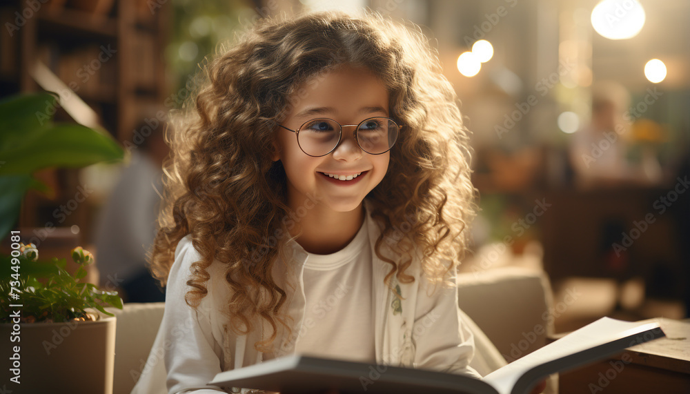 Poster smiling child sitting indoors, looking at camera, reading book generated by ai