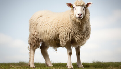 Fototapeta premium Cute lamb grazing on green grass in rural meadow generated by AI