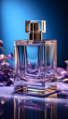 A luxurious blue perfume bottle reflects elegance and beauty generated by AI