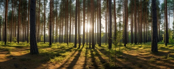Panoramic pine forest with sun flare