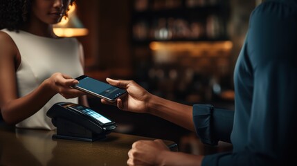 A Close up of female customer holding smartphone paying for order using modern simple e-wallet technology. The waiter provides a card reader for the customer to conduct a cashless payment transaction. - obrazy, fototapety, plakaty