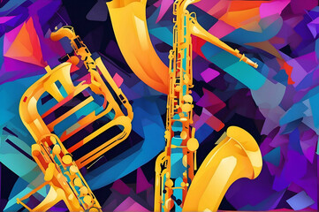 Jazz music instrument saxophone colorful abstract geometric background pattern - obrazy, fototapety, plakaty