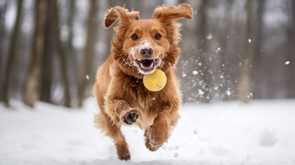 active dog Lammadore plays with a ball Run and play in the snow, surrounded by nature. - obrazy, fototapety, plakaty
