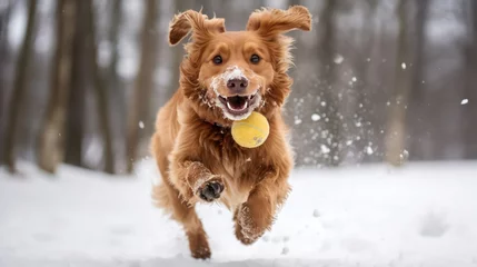 Foto op Plexiglas active dog Lammadore plays with a ball Run and play in the snow, surrounded by nature. © Phoophinyo