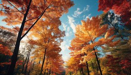 Vibrant autumn colors illuminate the tranquil forest in September generated by AI