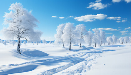 Winter landscape  snow covered forest, tranquil scene, blue sky, snowy mountains generated by AI