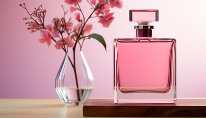 Luxury perfume bottle with pink flower, elegance and femininity generated by AI