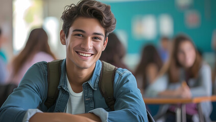 smiling young man at table in classroom