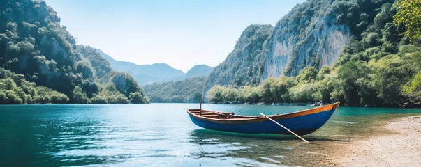 Fotobehang Boat on a river beside the cliff © Hanasta