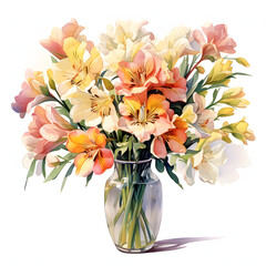 Alstroemeria Bouquet in a Crystal Vase, colorful watercolors, watercolor illustration, cute cartoon , sharp outline, white background for removing background, single object.