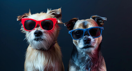 two dogs posing with sunglasses on a dark background
