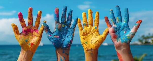 Hands painted in Holi colors raised in celebration