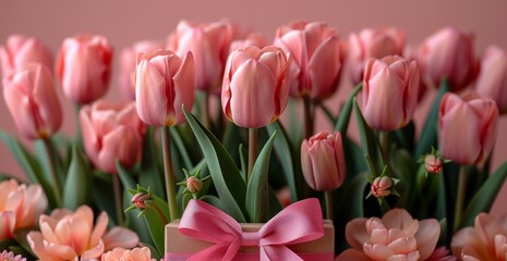 Pink tulips with a ribbon on a pink background