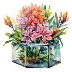 Alstroemeria in a Geometric Terrarium, colorful watercolors, watercolor illustration, cute cartoon , sharp outline, white background for removing background, single object.