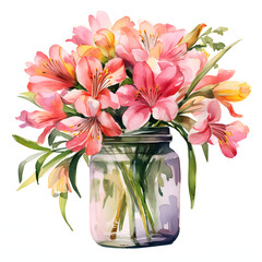 Alstroemeria in a mason jar for a charming, rustic feel, colorful watercolors, watercolor illustration, cute cartoon , sharp outline, white background for removing background, single object.
