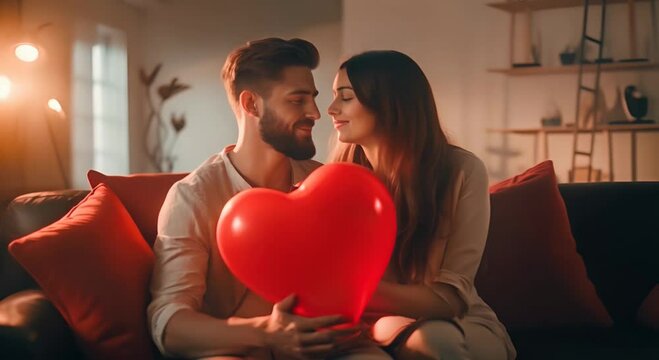 Young couple in love holding a heart-shaped balloon, covering themselves with it, sitting on the sofa in the living room at home, Romantic evening together