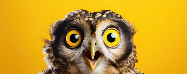 Poster Portrait of emotional animal surprised and shocked owl on yellow background © Hanasta