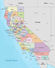 Colorful political map of the counties that make up the state of California located in the United States. - obrazy, fototapety, plakaty