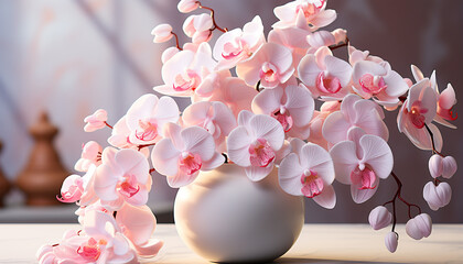 A fresh pink orchid blossom decorates the wooden vase generated by AI
