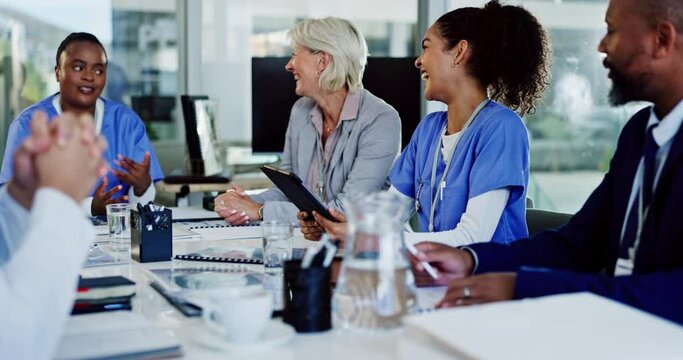 Happy people, meeting or nurses laughing in clinic for planning, teamwork or discussion for healthcare. Joke, funny group or talking in hospital with tablet for medical update, consulting or results