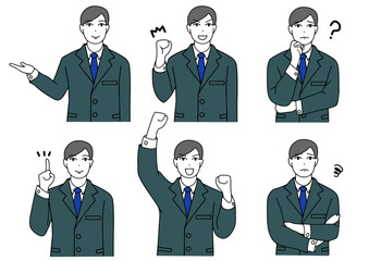 スーツの男性ポーズ6種類(案内/ガッツポーズ/考える/指差し/喜ぶ/悩む)