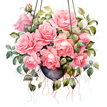 Pink rose arranged in a hanging vase for a whimsical touch, colorful watercolors, watercolor illustration, cute cartoon , sharp outline, white background for removing background, single object.