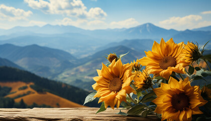 Sunflower meadow, yellow flowers, mountain peak, nature beauty generated by AI
