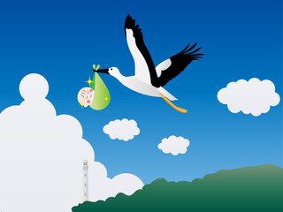 大空を飛んで赤ちゃんを運ぶコウノトリ