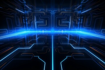 A 3D illustration of a futuristic corridor with glowing blue circuit board patterns, symbolizing advanced technology and digital pathways.