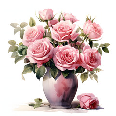 Pink rose arranged in a vintage-inspired vase, colorful watercolors, watercolor illustration, cute cartoon , sharp outline, white background for removing background, single object.
