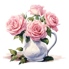 Pink rose arranged in a vintage-inspired vase, colorful watercolors, watercolor illustration, cute cartoon , sharp outline, white background for removing background, single object.