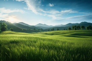 Lush green fields under a clear sky at dawn in a mountainous landscape.