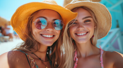 Sunny days with friends, a carefree young woman in a hat enjoys the happiness of summer vacation, epitomizing a joyous lifestyle filled with friendship and fun in the sun