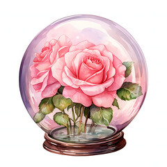
Pink rose arranged into a spherical shape in a glass globe, colorful watercolors, watercolor illustration, cute cartoon , sharp outline, white background for removing background, single object
