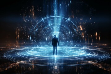 A solitary figure stands in a futuristic portal, representing concepts of innovation and digital transformation.