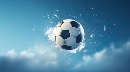 A soccer ball flying from a strong blow.