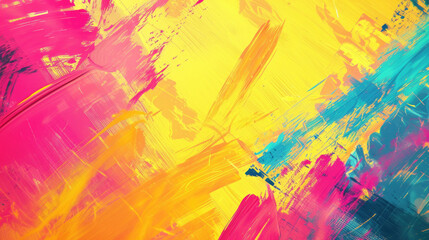 Obraz premium An energetic swirl of bold yellow, pink, and blue hues in a dynamic abstract oil painting. 