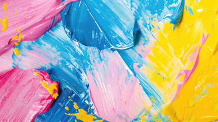 An energetic swirl of bold yellow, pink, and blue hues in a dynamic abstract oil painting.

