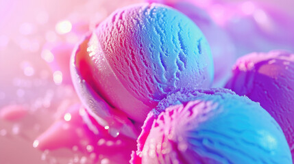 Close-up of bright neon colors ice cream scoops with frosty texture, reflecting a playful and cool...
