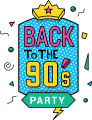 Back to 90s party colorful groovy banner with abstract geometric shapes and crown isometric vector