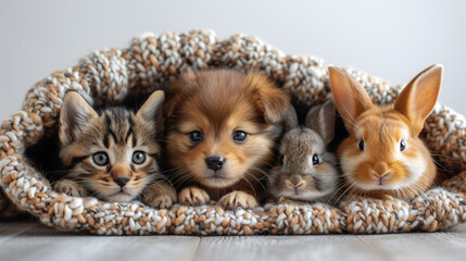puppy and kitten and parrot and rabbit and hamster on a white background - Powered by Adobe