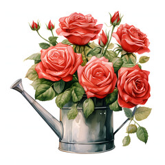 Red roses colorful flower arrangement, colorful watercolors, watercolor illustration, cute cartoon , sharp outline, white background for removing background, single object.