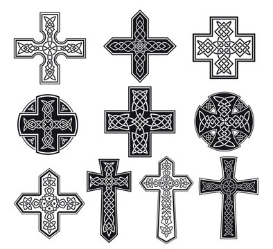 Celtic crosses white ornamental pattern and black contour set vector flat illustration