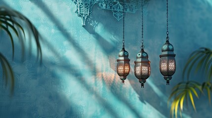 date background with traditional Turkish lanterns Light Lamps and Tasbeeh, light blue color iftar theme image, Ramadan Kareem Mubarak 3d background - generative ai