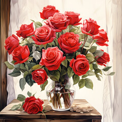 Red roses colorful flower arrangement, colorful watercolors, watercolor illustrations.
