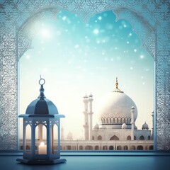 Eid mubarak and ramadan kareem greetings with islamic lantern and mosque. Eid al fitr background
