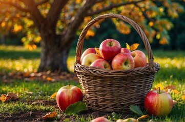 Red apples in a basket on the ground