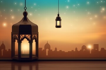 Eid mubarak and ramadan kareem greetings with islamic lantern and mosque. Eid al fitr background