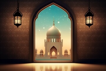 Fototapeta premium Eid mubarak and ramadan kareem greetings with islamic lantern and mosque. Eid al fitr background