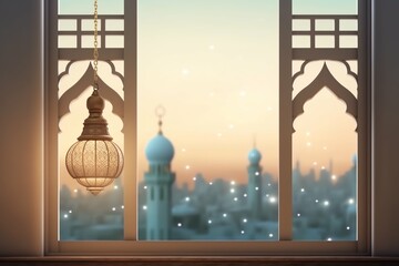 Obraz premium Eid mubarak and ramadan kareem greetings with islamic lantern and mosque. Eid al fitr background